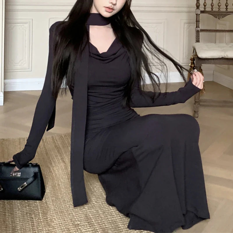 mvrsgreen  Korean V-neck Pleated Sexy Elegant Long-sleeved Dress Women  Spring New High Street Solid Color Mid-length Dress with Scarf