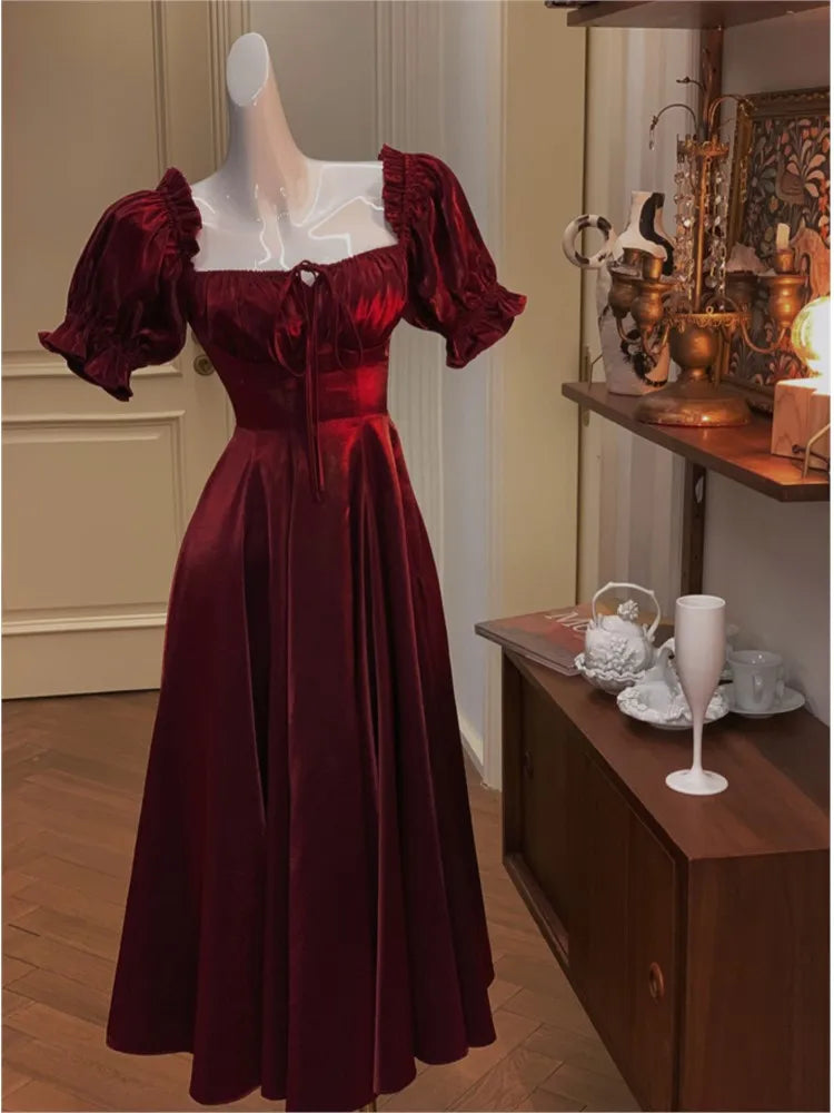 mvrsgreen Elegant French White Wedding Party Dress Women Vintage Burgundy Romantic Prom Vestidos Summer Korean A-line Graduation Dresses