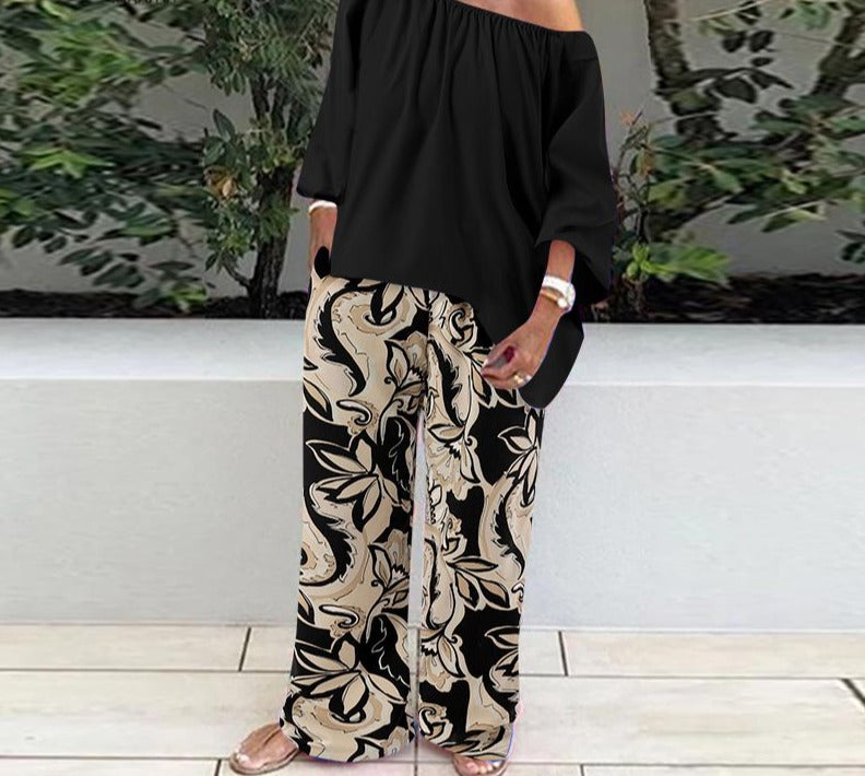 mvrsgreen alt black girl going out classic style women edgy style church outfit brunch outfit cute spring outfits Women FashionPants Sets Sexy One Shoulder 3/4 Sleeve Tops Floral Print Wide Leg Trousers Two Piece Sets Casual Suits