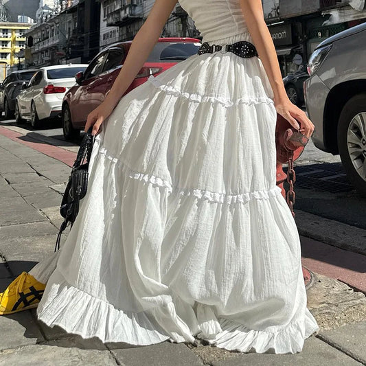 mvrsgreen White Tiered Ruffle Maxi Skirt Women 2024 Summer Flowy Hem Trim Double Layer Chic Elastic Waist Flare Skirts Streetwear