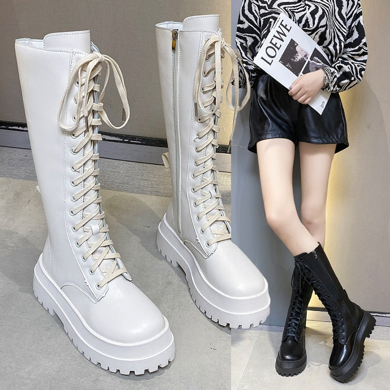 mvrsgreen Chunky Platform Punk Boots Women Thick Bottom Knee High Boots Woman Autumn Winter Fashion PU Leather Motorcycle Botas Mujer