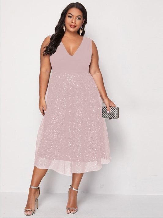 mvrsgreen Pink Large Plus Size 4XL Midi Dress Women Summer Autumn Mesh Elegant Curvy Ladies Cocktail Prom Evening Party Dresses