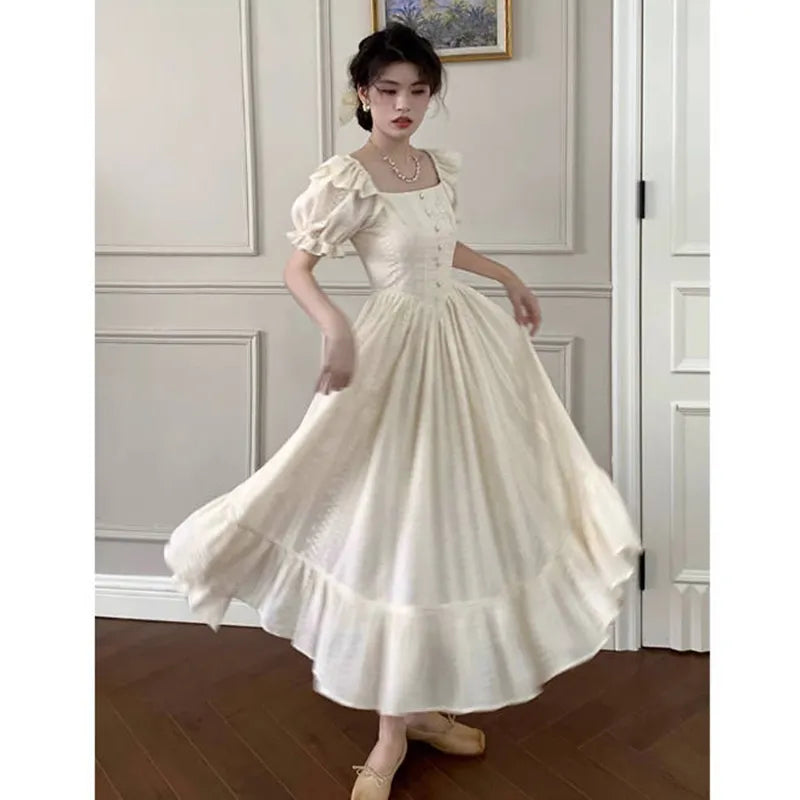 mvrsgreen Elegant Square Collar White Dress Summer Fashion Puff Sleeve Ruffle Dress for Women  Chic Vintage Maxi Dresses   New