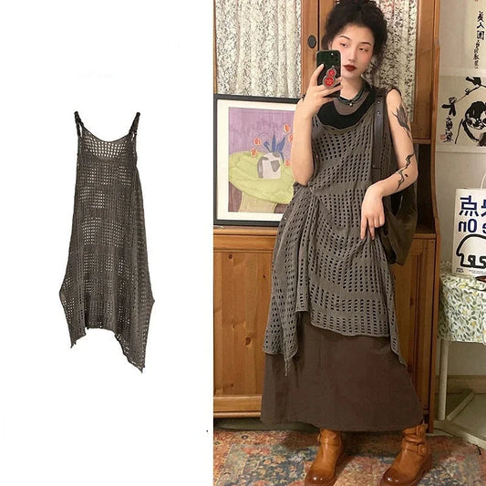 mvrsgreen Y2k Vintage Hollow Knitted Suspender Dress Women  Spring New Solid Color All-match Irregular Sleeveless Dress