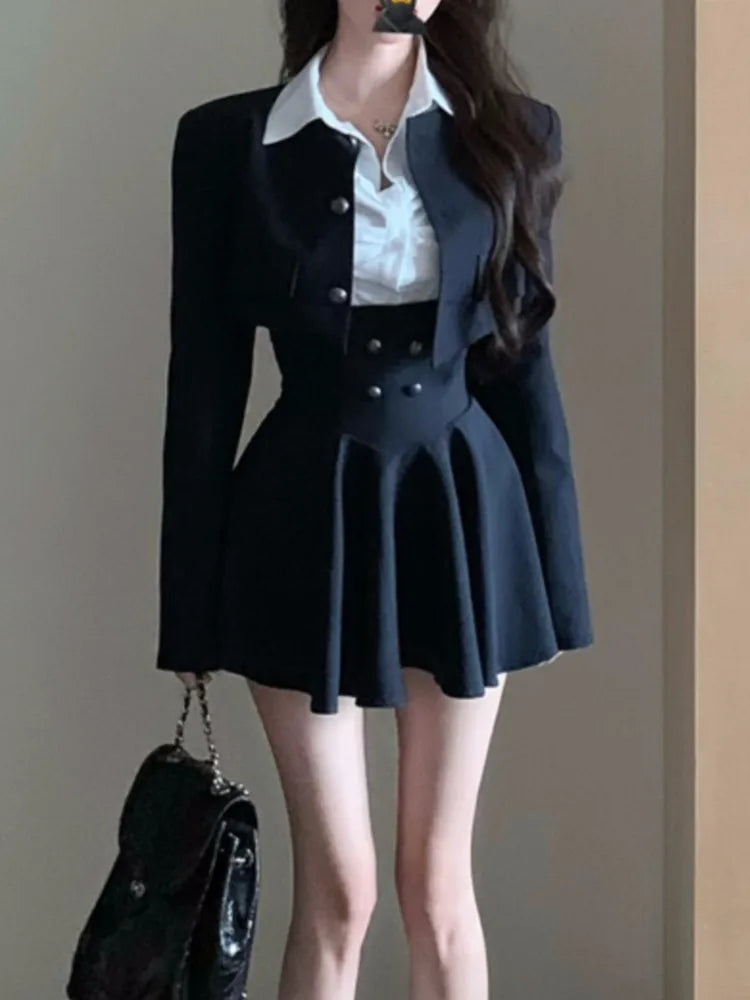 mvrsgreen Woman Preppy Style Mini Dress 3 Piece Set Korean Elegant White Shirt + Short Blazers Coat Outfits Spring Fashion Y2K Uniform