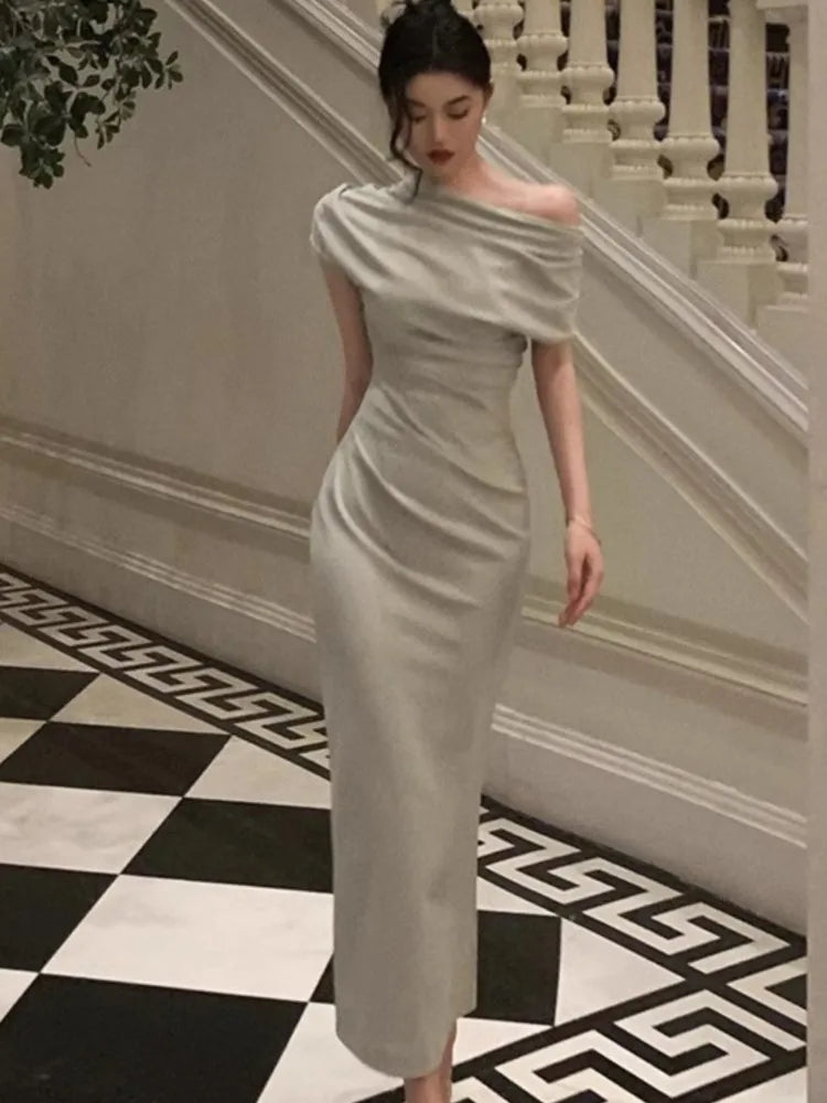 mvrsgreen Elegant Off Shoulder Evening Party Dresses for Women Summer New Fashion Slim Solid Vestidos Korean Prom Robe Female Clothing