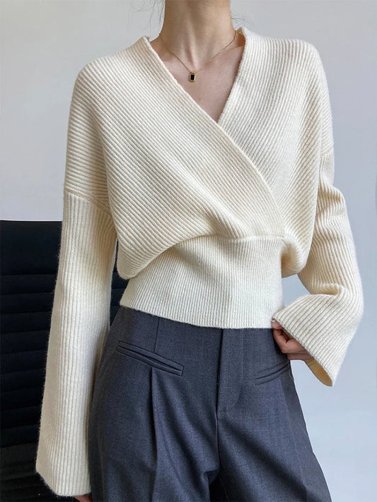 mvrsgreen White Sweater Women Autumn Winter Knitted Pullover Female Elegant Fashion Cross V-Neck Jumper Office Lady Solid Knitwear Tops