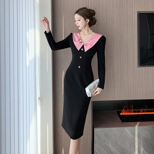 mvrsgreen Elegant Evening Party Midi Dresses for Women Spring New Korean Vintage Turn-down Collar Bodycon Black Patchwork Female Clothing