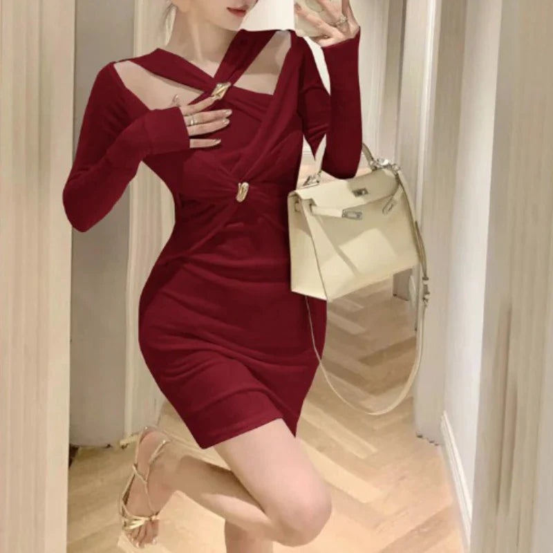 mvrsgreen 2024 Women Autumn Elegant Office Lady Bodycon Hollow Out Mini Dress French Vintage Y2k Dress Korean Retro Fashion Clothing