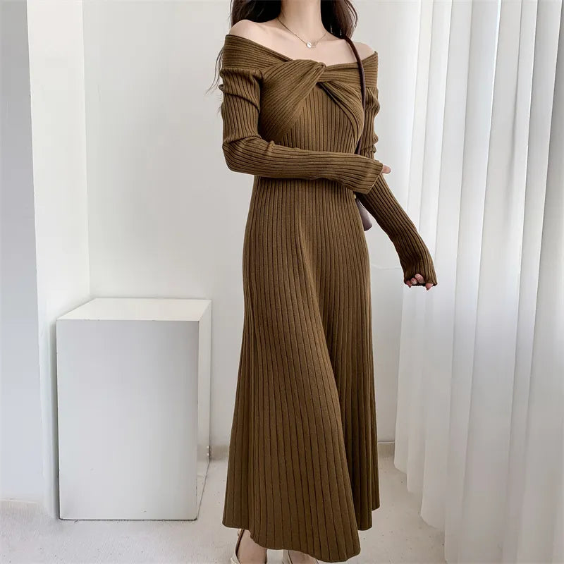 mvrsgreen - New  Autumn Winter Long Sweater Dress Women Slash Neck Cross Elegant Knitted Dresses Rib Cotton Maxi Dresses Female