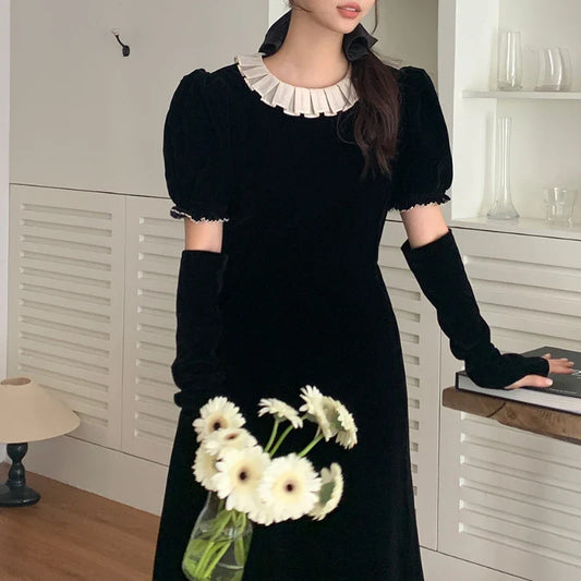 mvrsgreen Korean Retro Velvet Elegant Puff Sleeve Dress Women  Spring New O-neck Contrast Color Patchwork A-line Dress with Sleeves