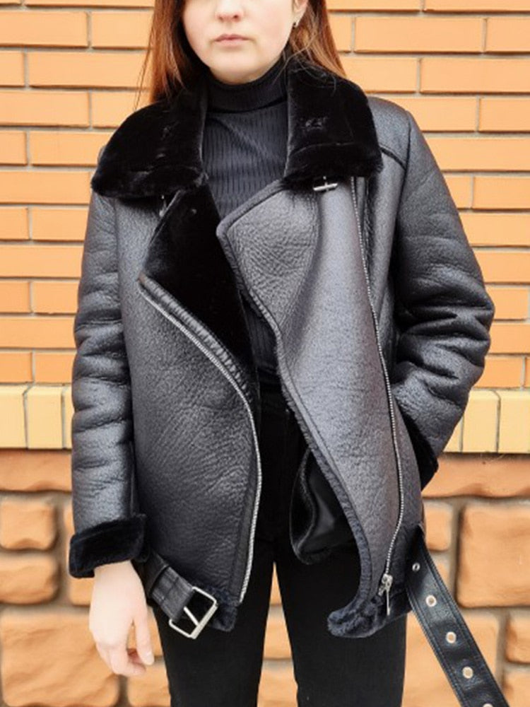 mvrsgreen Winter Coats Women Thickness Faux Leather Fur Sheepskin Female Fur Leather Jacket Aviator Outwear Casaco Feminino