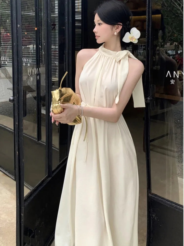 mvrsgreen Elegant Dresses for Women Solid New Summer Holiday Style Halter Sleeveless A-line French Evening Dress Party Prom Robe Vestido