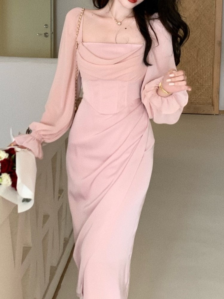 Women Elegant Bodycon Midi Party Dress Long Sleeve Vintage Casual Solid Evening Vestidos Femme Fashion Slim Robe