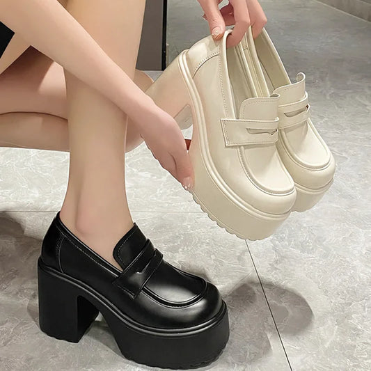 mvrsgreen Black White Chunky Platform Loafers Women Autumn Thick High Heel Pumps Woman Slip On Pu Leather Goth Shoes Female