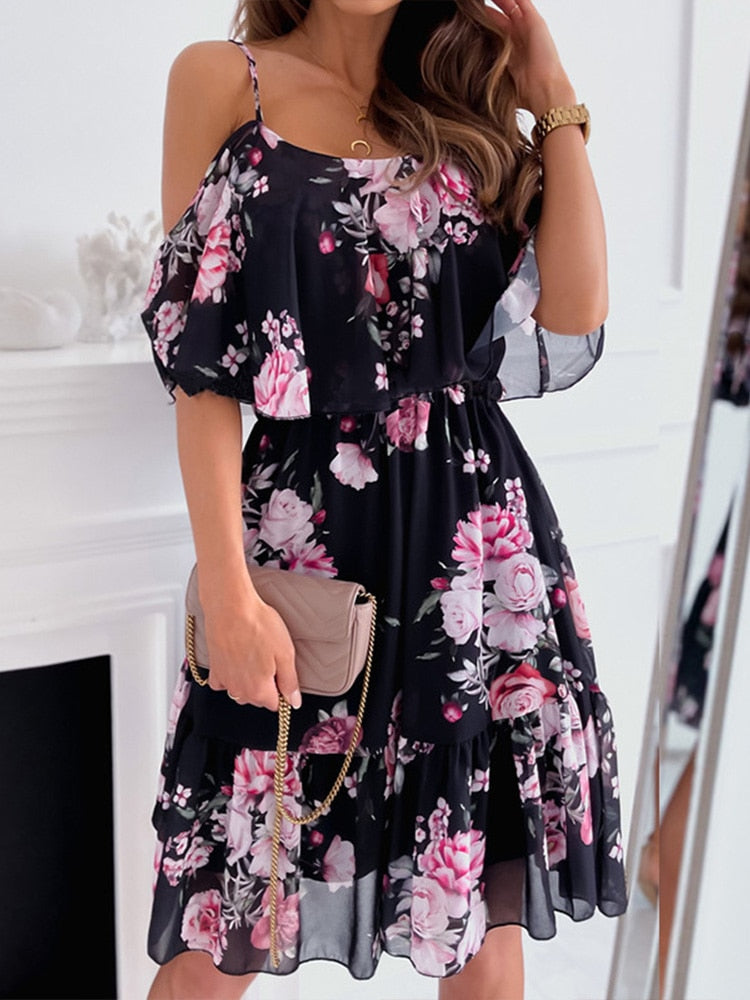 Sexy Floral Print High Waist Ruffle Mini Dress Fashion Sling Off Shoulder Party Dress Women Clothing Elegant Slim Draped Vestido