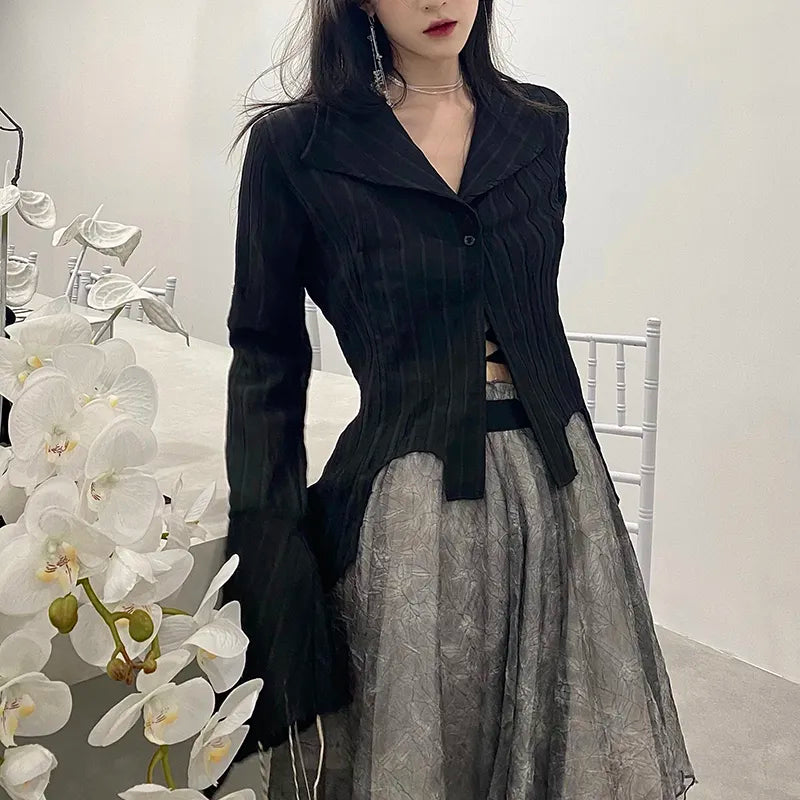 mvrsgreen - Gothic Women Black Shirts Korean Dark Academic Female Designed Irregular Tops Spring Fashion Streetwear Y2K Blouse