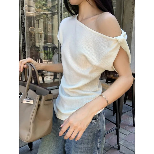 mvrsgreen Vintage Asymmetric Pleated Casual Short Sleeve T-Shirt Women 2024 Summer New Streetwear Solid Color All Match Waffle Plaid Tops