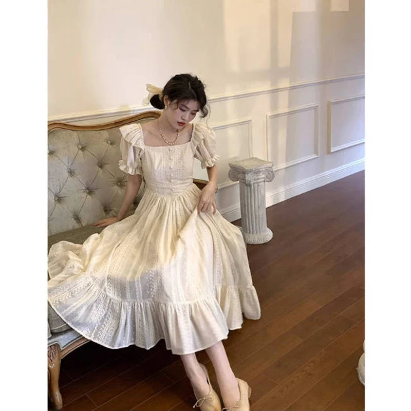 mvrsgreen Elegant Square Collar White Dress Summer Fashion Puff Sleeve Ruffle Dress for Women  Chic Vintage Maxi Dresses   New