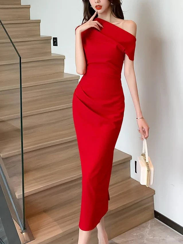 mvrsgreen Elegant Off Shoulder Evening Party Dresses for Women Summer New Fashion Slim Solid Vestidos Korean Prom Robe Female Clothing