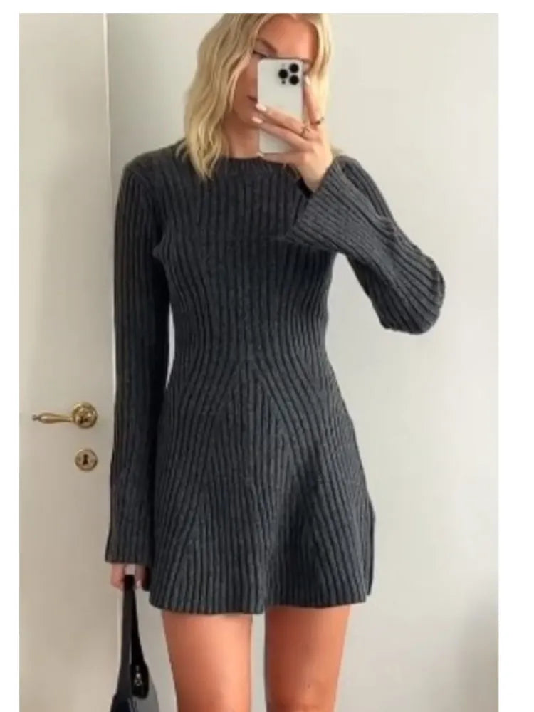 mvrsgreen - Elegant Solid Ribbed Knitted Dress For Women Fashion O Neck Long Sleeve Mini Dresses  Autumn Winter Lady Party Club Vestidos