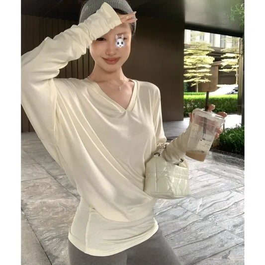 mvrsgreen Vintage V-neck Solid Color All Match Long-sleeved T-shirt Women 2024 Autumn New High Street Loose Casual Asymmetric Tops