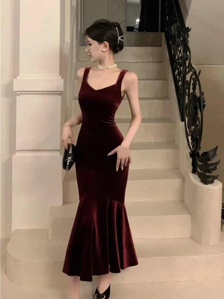 mvrsgreen Elegant Burgundy Party Prom Dress Spring Summer Solid Sleeveless Velvet Wedding Robe Lady Bodycon Spaghetti Strap Vestido Mujers