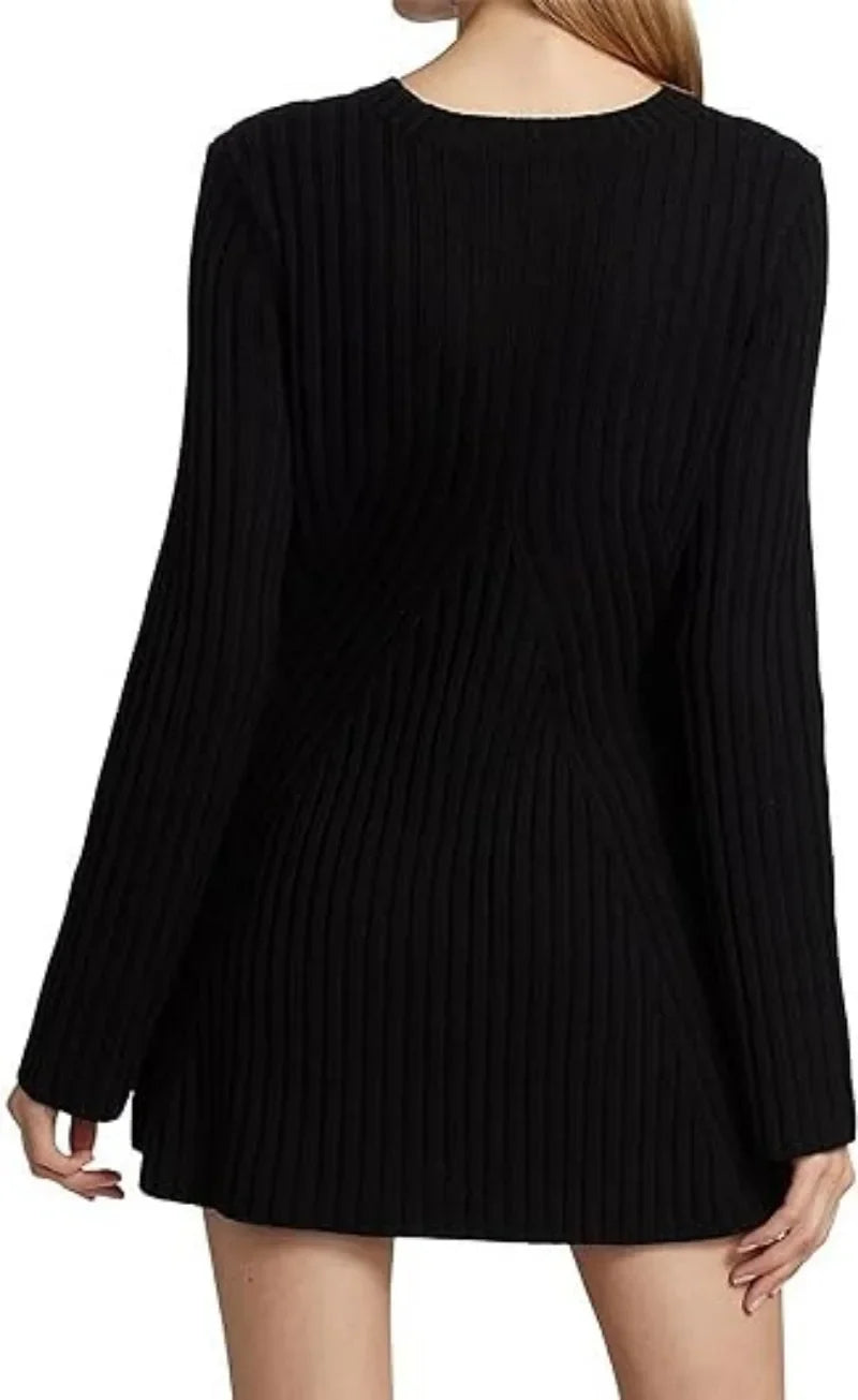 mvrsgreen - Elegant Solid Ribbed Knitted Dress For Women Fashion O Neck Long Sleeve Mini Dresses 2024 Autumn Winter Lady Party Club Vestidos