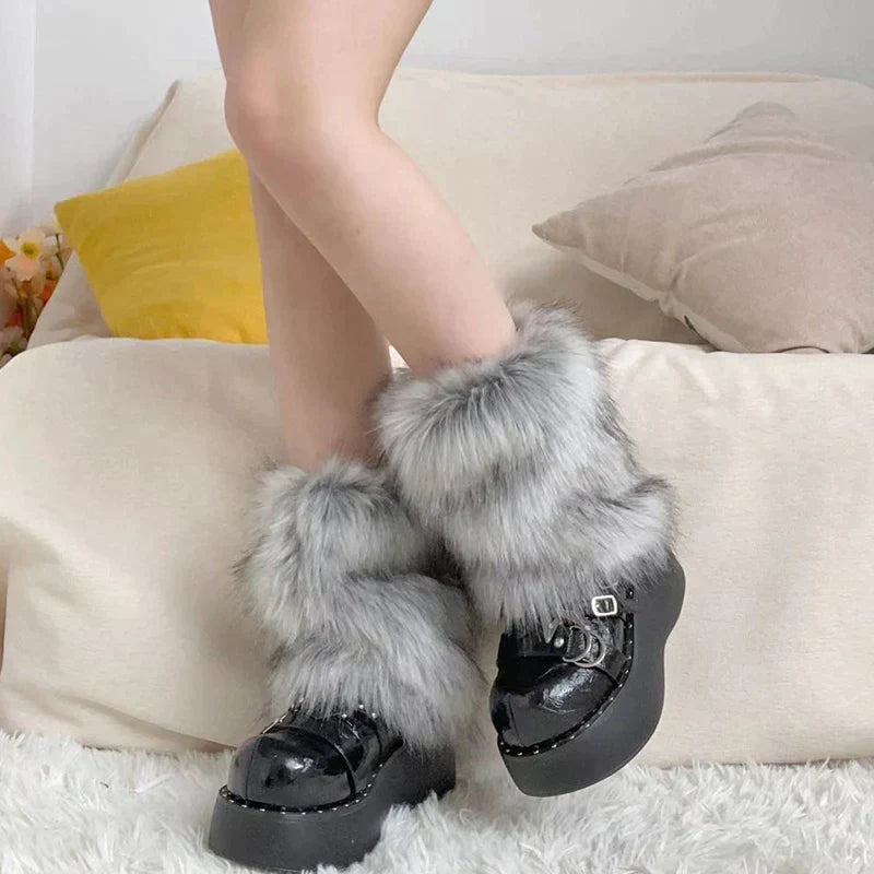 mvrsgreen New Punk Furry Fur Leg Warmers Y2k Girl Winter Warm JK Furry Boots Imitation Wool Socks Gothic Jk Knee-length Hiphop Stockings