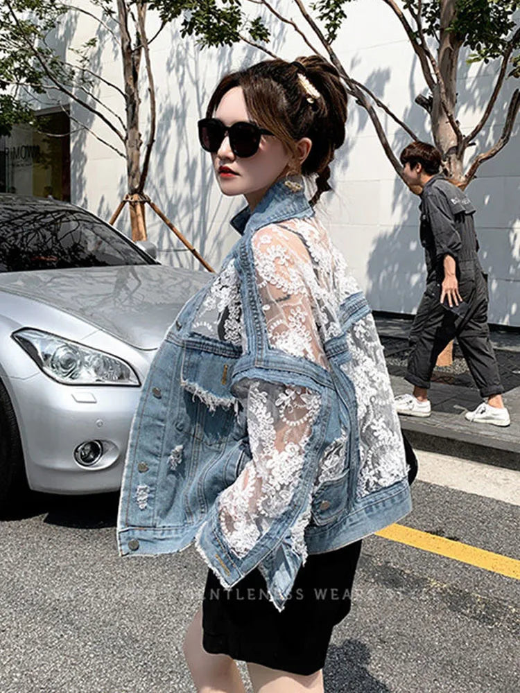 mvrsgreen Embroidered Perforated Women's Denim Jacket, Women's Summer Lace Patchwork Sun Protection Suit Woman Coat Jean Jacket For Women