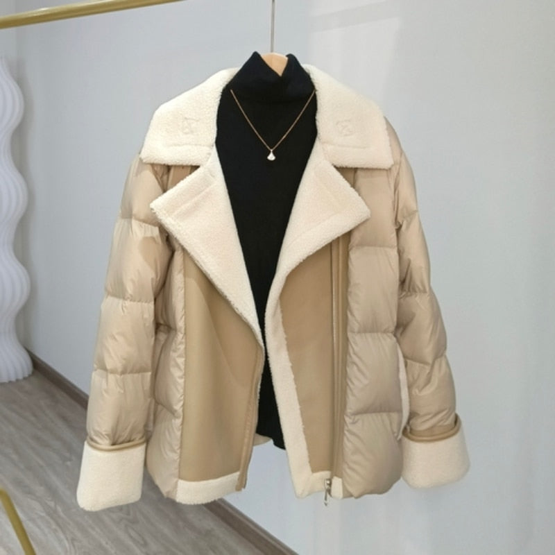 mvrsgreen New Winter Motorcycle Jacket Women High Street Faux Lamb Leather Patchwork White Duck Down Coat Lady Thick Warm PU Outwear