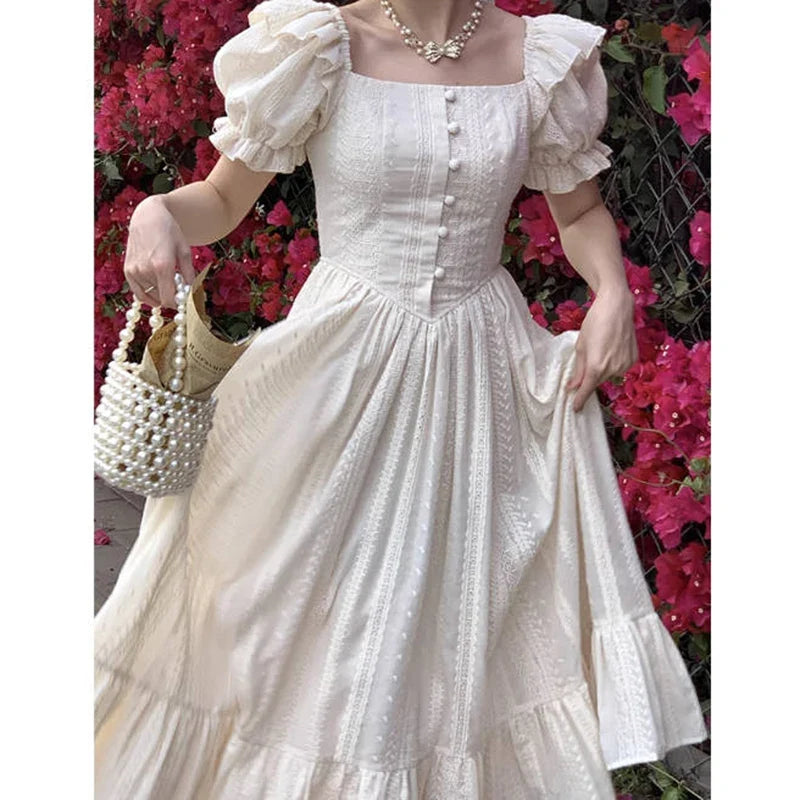 mvrsgreen Elegant Square Collar White Dress Summer Fashion Puff Sleeve Ruffle Dress for Women  Chic Vintage Maxi Dresses   New