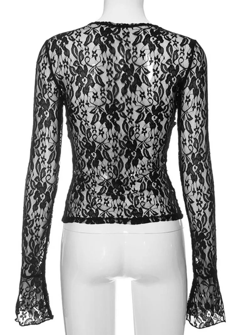 mvrsgreen Woman Clothing  Spring O-neck Long Sleeve Lace T-shirts Sexy Hollow Out See Through Slim Black Tees Night Club Crop Tops