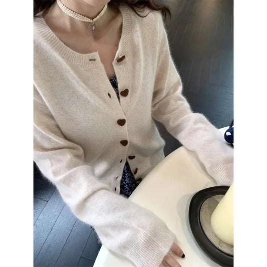 mvrsgreen Vintage Heart Buttons Loose Casual Long-sleeved Cardigan Women 2024 Autumn New Streetwear O-neck Solid Color All Match Knit Tops