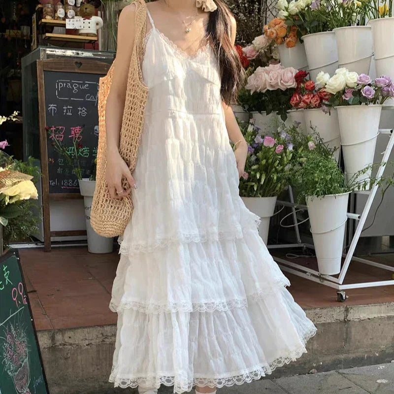 mvrsgreen  White Lace-up Midi Dresses Sweet Gentle Ruffle Casual Loose Mesh Backless Sleeveless Vacation Summer Women Long Dresses