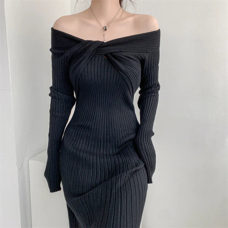 mvrsgreen - New  Autumn Winter Long Sweater Dress Women Slash Neck Cross Elegant Knitted Dresses Rib Cotton Maxi Dresses Female