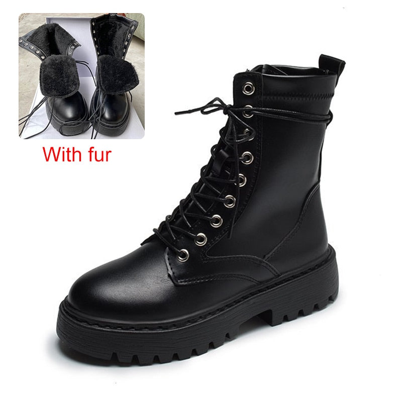 Rimocy White Black PU Leather Ankle Boots Women Autumn Winter Round Toe Lace Up Shoes Woman Fashion Motorcycle Platform Botas