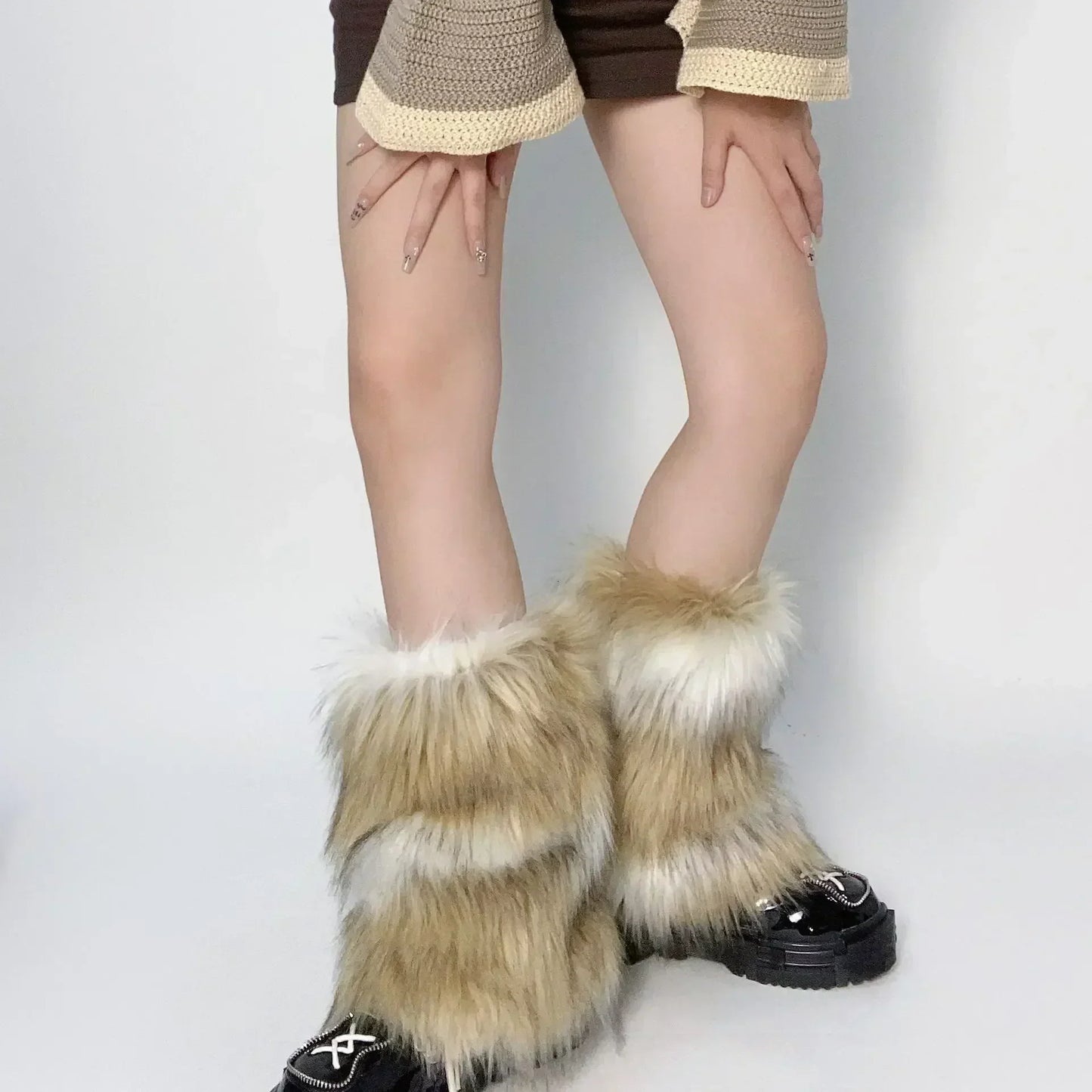 mvrsgreen Vintage Imitation Faux Fur Leg Warmers Retro Modern Y2k Brown Winter Warm Boots Cover Socks Punk Jk Knee-length Party Sock