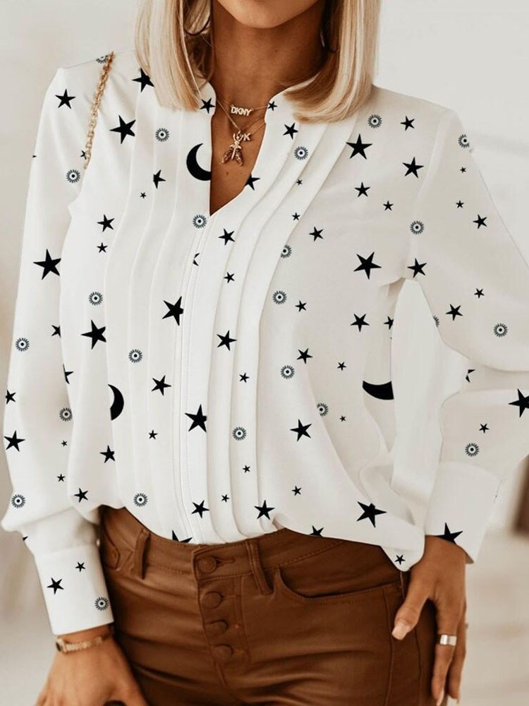 Spring Autumn Women Fashion Printed Shirts New Elegant Long Sleeve Blouse Office Ladies Stand Collar Pleated Tops Pullover