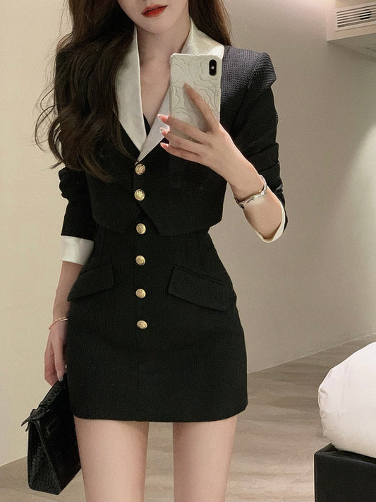 mvrsgreen Black Y2k Mini Skirt Set Women Casual Korean 2 Piece Dress Set Crop Tops Jacket Tops + Short Skirts Elegant Suit Autumn New