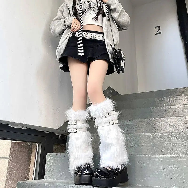 mvrsgreen PU Leather Buckle Leg Warmer Winter Warm Plush Leg Cover Mid Sleeve JK Calf Socks Imitation Fur Y2K Long Socks