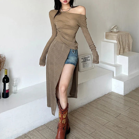 mvrsgreen Vintage Pleated Asymmetric Casual Long-sleeved Dress Women  Spring New Oblique Collar Strapless Sexy Split Mid-length Dress