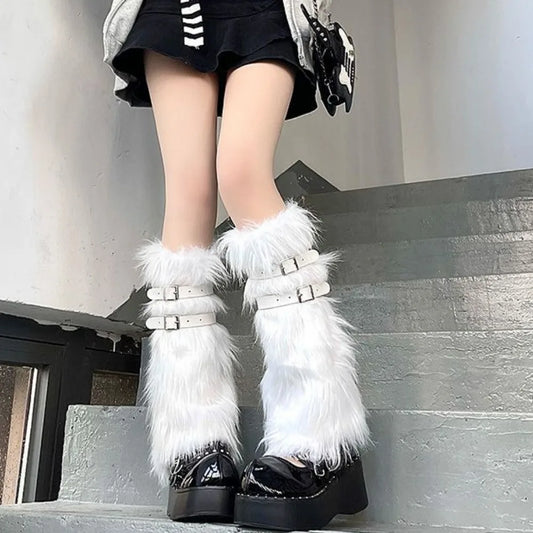 mvrsgreen PU Leather Buckle Leg Warmer Winter Warm Plush Leg Cover Mid Sleeve JK Calf Socks Imitation Fur Y2K Long Socks