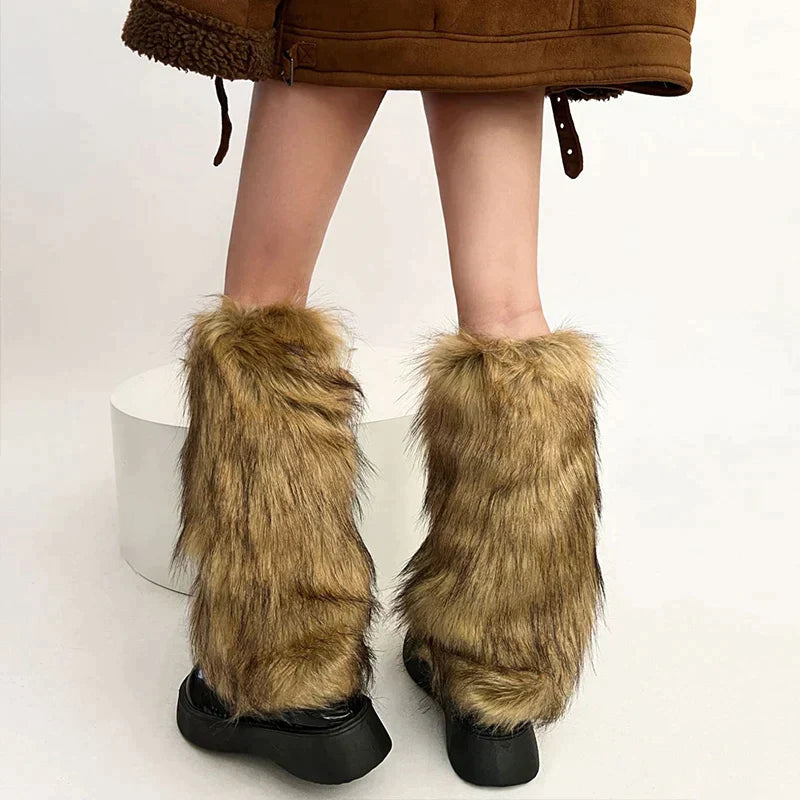 mvrsgreen Vintage Imitation Faux Fur Leg Warmers Retro Modern Y2k Brown Winter Warm Boots Cover Socks Punk Jk Knee-length Party Sock