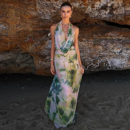 mvrsgreen Tie Dye Green Print Two Piece Skirt Set Women Deep V Maxi Long Skirt And Top Vacation 2024 Summer Beach Dresses