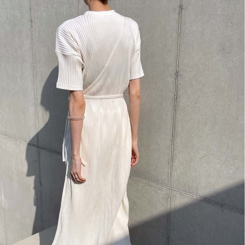 mvrsgreen alt black girl going out?classic style women edgy style church outfit brunch outfit cute spring outfitsChic Korean Pleated Dress Woman Summer Beige Solid Short-sleeve Irregular Long Dresses Woman Clothing O-neck Runway Dress