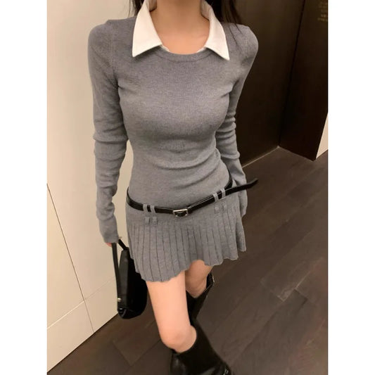 mvrsgreen Vintage Contrast Color Patchwork Knitted Long-sleeved Dress Women  Spring New Polo Collar Sexy Slim Pleated Dress with Belt