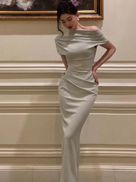 mvrsgreen Elegant Off Shoulder Evening Party Dresses for Women Summer New Fashion Slim Solid Vestidos Korean Prom Robe Female Clothing