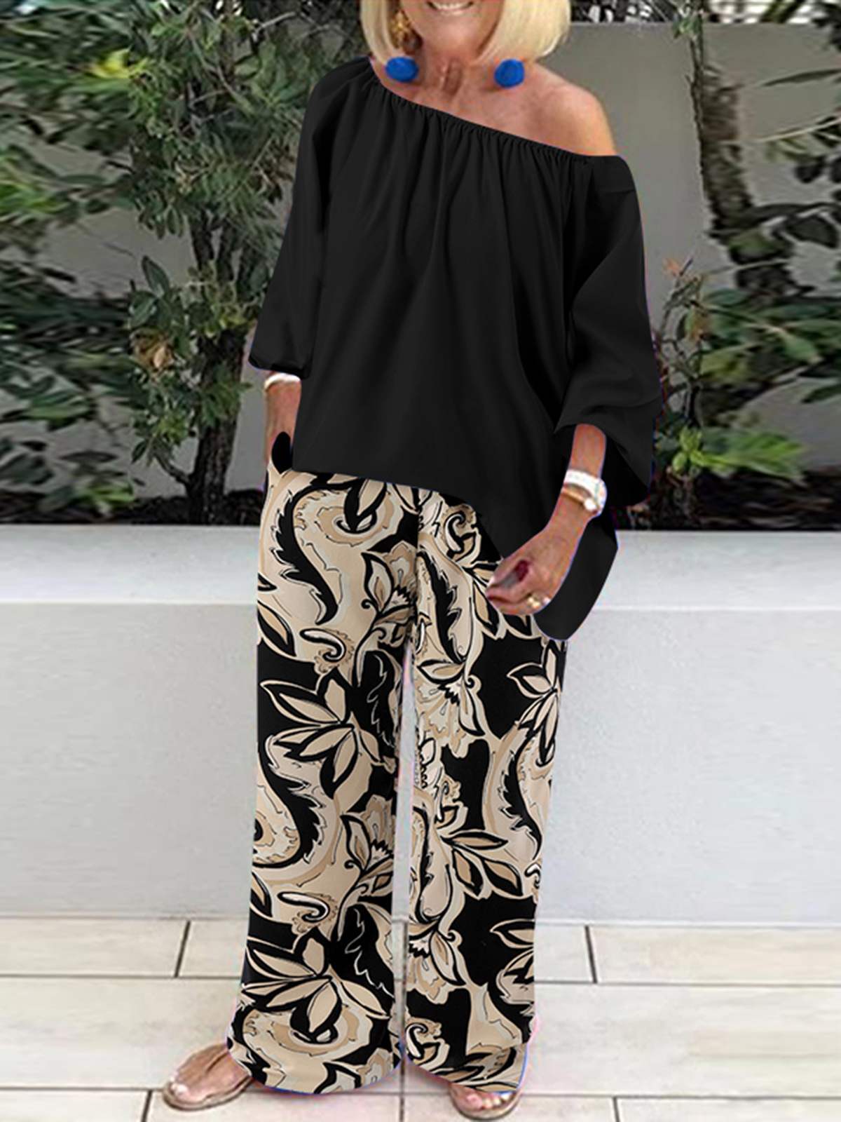 mvrsgreen alt black girl going out classic style women edgy style church outfit brunch outfit cute spring outfits Women FashionPants Sets Sexy One Shoulder 3/4 Sleeve Tops Floral Print Wide Leg Trousers Two Piece Sets Casual Suits