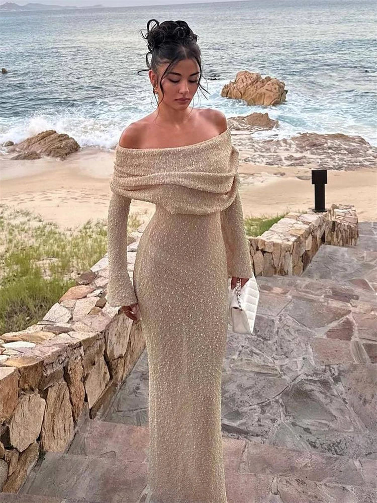 lovwvol - Knit Hollow Out Off-Shoulder Maxi Dress Female Cover up Loose Long Sleeve Holiday Beach Party Dress Women Knitwear Dress